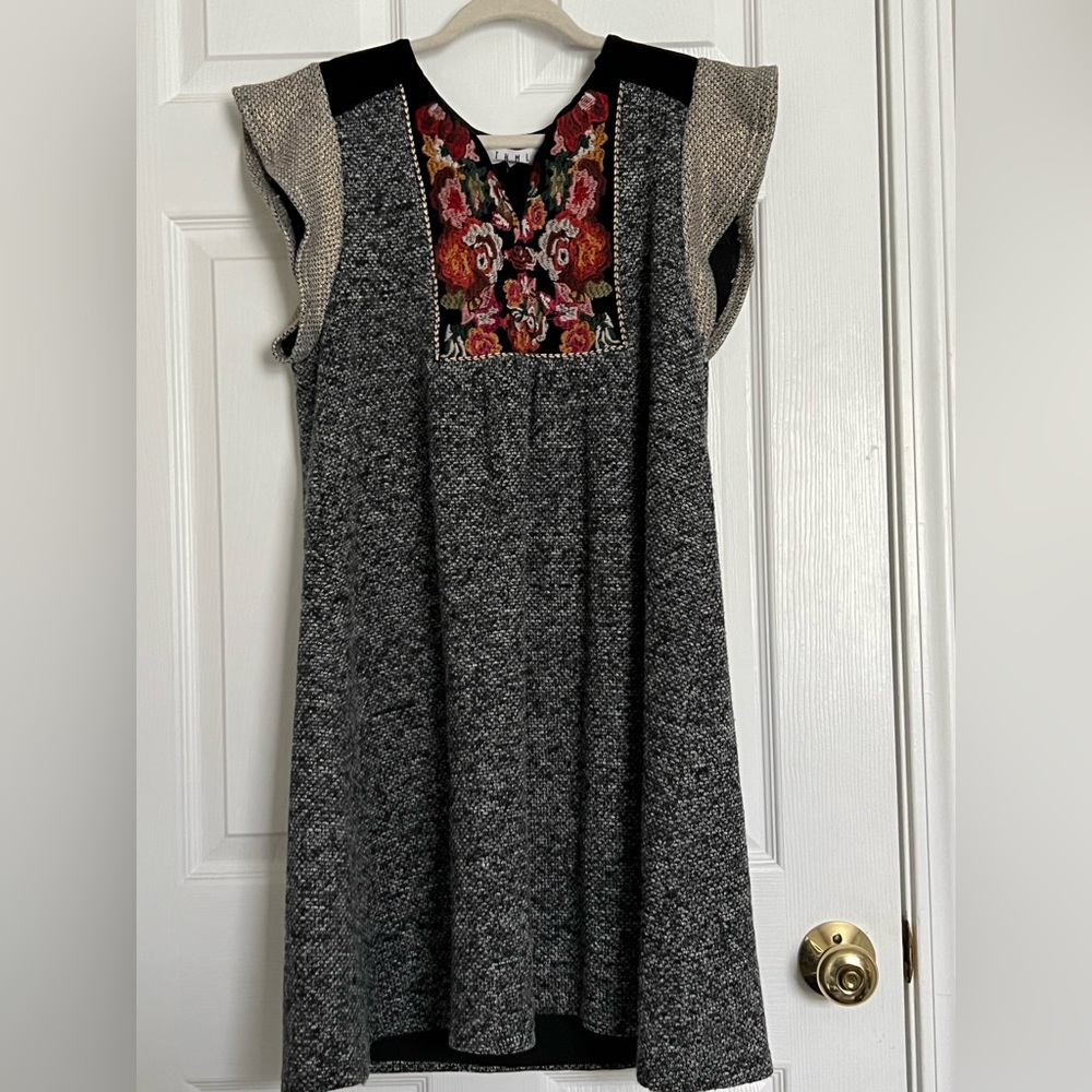 THML dress with velvet collar, embroidery accents, and gold sleeves